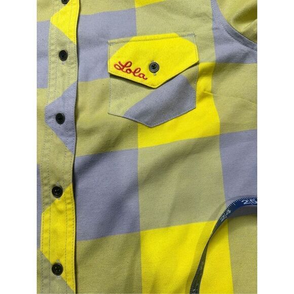 LOLA CLOTHING CO yellow and lilac plaid with logo on pocket in red SIZE MEDIUM - Picture 5 of 7